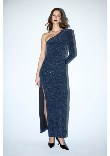 Asimetrik Örme Elbise Lacivert 12444590002