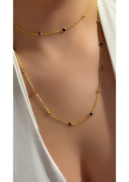 Altın Kaplama Kibar ve Zarif Rengarenk Renkli Taşlı Kolye 925 Ayar Gümüş Renkli Zincir Bel Zinciri