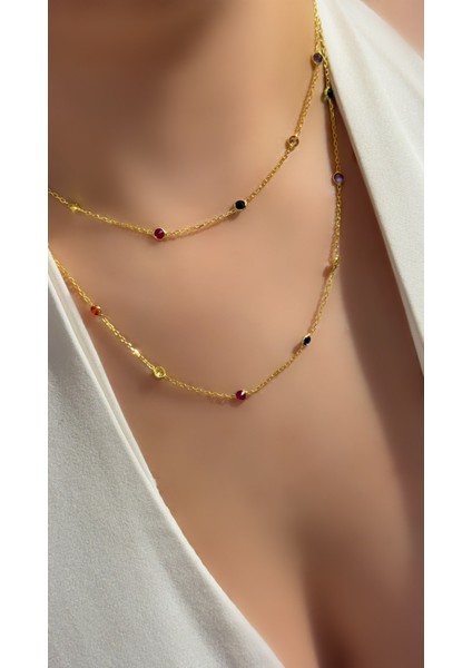 Altın Kaplama Kibar ve Zarif Rengarenk Renkli Taşlı Kolye 925 Ayar Gümüş Renkli Zincir Bel Zinciri modelleri