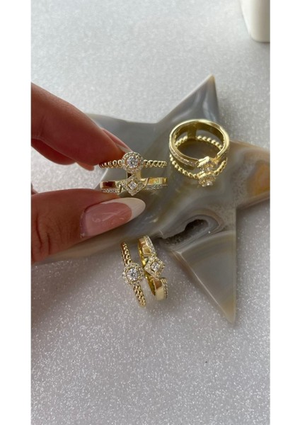 Altın Kaplama 2'li Model Oval ve Baklava Model Yüzük 925 Ayar Gümüş Ithal