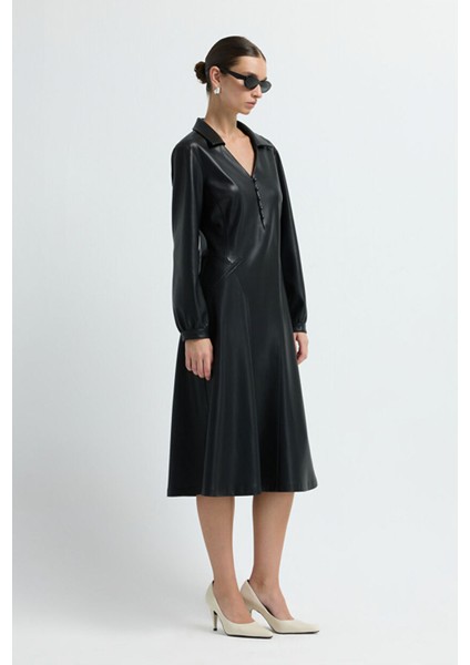 Midi Boy Deri Elbise Siyah 12445661000