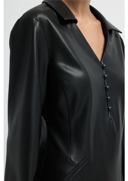 Midi Boy Deri Elbise Siyah 12445661000 modelleri