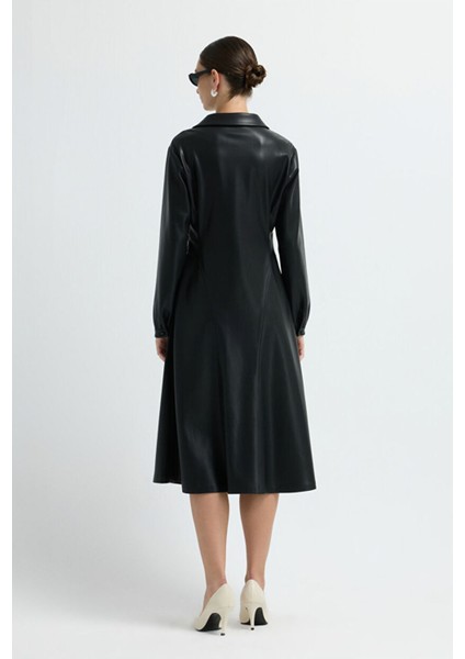 Midi Boy Deri Elbise Siyah 12445661000