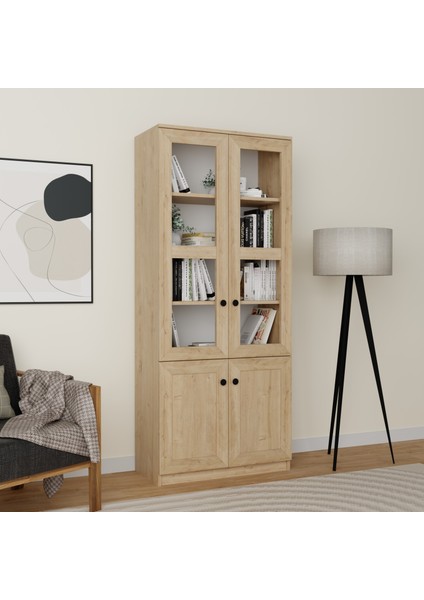 Lisa 4 Kapaklı Safir Meşe Vitrin -Kitaplık ve Çok Amaçlı Dolap fiyatları