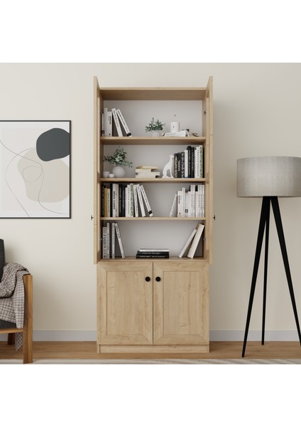 Lisa 4 Kapaklı Safir Meşe Vitrin -Kitaplık ve Çok Amaçlı Dolap modelleri