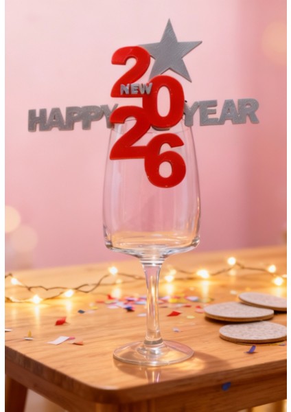 Yeni Yıl Temalı "happy New Year 2026" Kadeh Süsü - Yılbaşı Dekoru