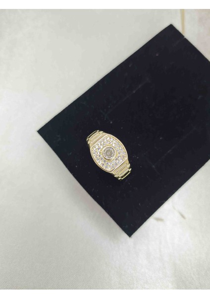 Kadın Gold Oval Taşlı Işıltılı Çelik Yüzük – Zarif Modern Günlük Takı