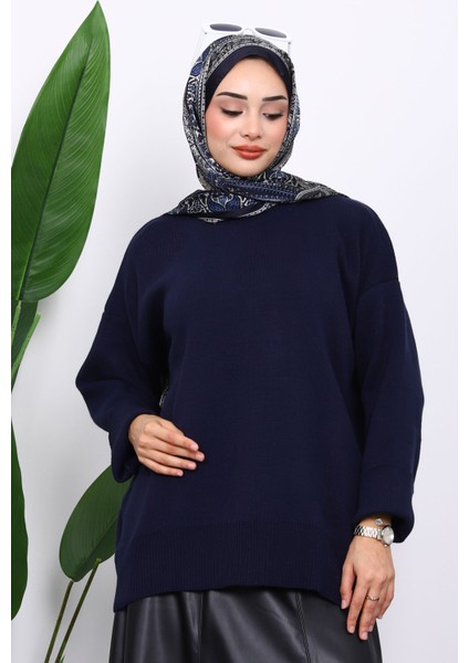 Lacivert Bisiklet Yaka Yumuşak Dokulu Oversize Triko Kazak