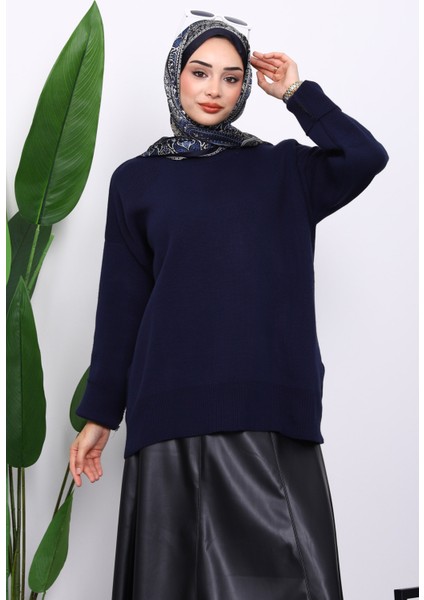 Lacivert Bisiklet Yaka Yumuşak Dokulu Oversize Triko Kazak modelleri