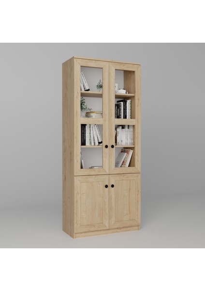 Lisa 4 Kapaklı Safir Meşe Vitrin -Kitaplık ve Çok Amaçlı Dolap