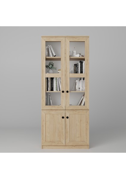 Lisa 4 Kapaklı Safir Meşe Vitrin -Kitaplık ve Çok Amaçlı Dolap