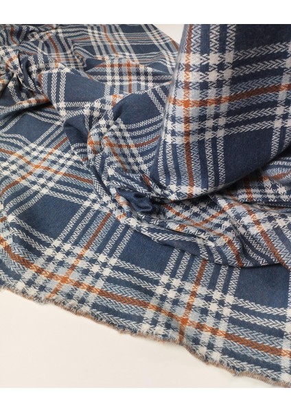 Ekru Mavi Kiremit Ekoseli Jakarlı Örme Kumaş (En 140 cm x Boy 250 Cm)