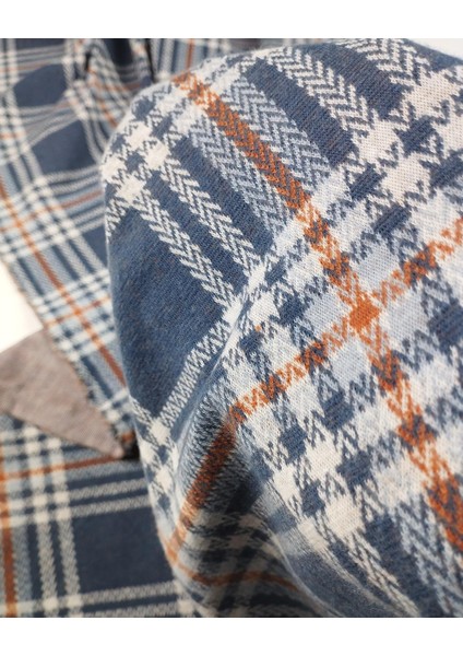 Ekru Mavi Kiremit Ekoseli Jakarlı Örme Kumaş (En 140 cm x Boy 250 Cm) fırsatları