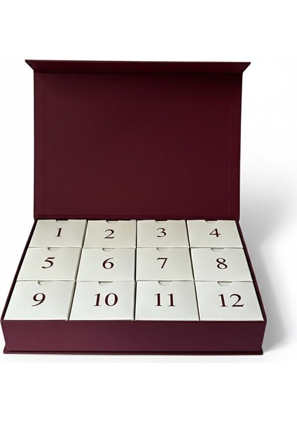 12 Li Mıknatıslı Boş Advent Calendar Kutusu - Bordo / 12'li Hediye Kutusu