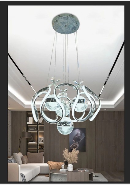 3 Renkli Salon Sarkıt LED Avize Toplu Kelebekli Gümüş Nikelaj Kaplama Ledli Salon Avize