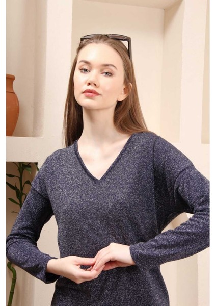 Simli V Yaka Pamuklu Şık Bulüz Bulüz - S