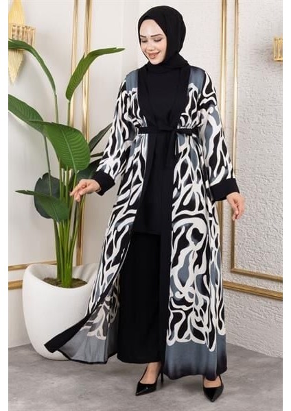 Desenli Üçlü Viskon Takım Si̇yah - 40