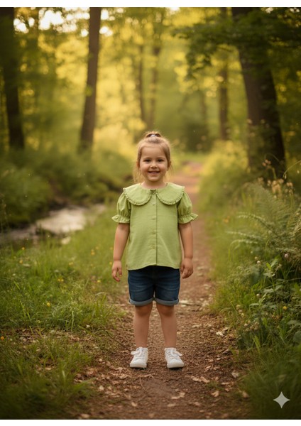 Kız Çocuk Gömlek Fıstık Yeşili Yakası Fırfırlı