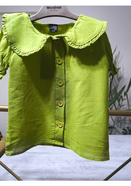 Kız Çocuk Gömlek Fıstık Yeşili Yakası Fırfırlı