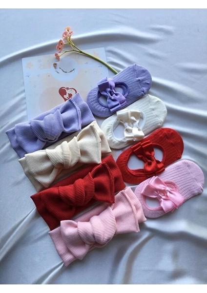 8'li Kombin El Yapımı Kız Bebek Bandana & Babet Çorap