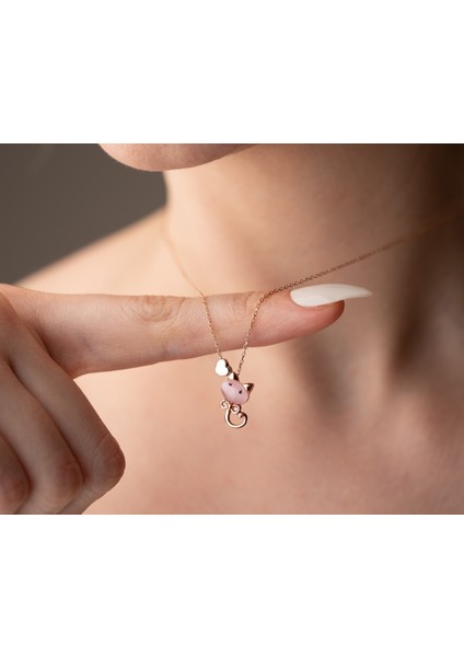 925 Ayar Papatya Ay Taşı<osimhen Maske<kedili Kolye<rose,gold,rodaj>