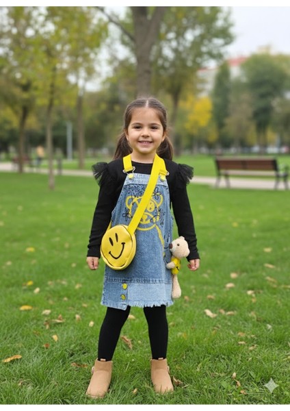 Kız Çocuk Kotlu Salopet Çantalı Oyuncaklı Takım Özel Tasarım (Oyuncaklı Kot Elbise+Bluz+Çanta)