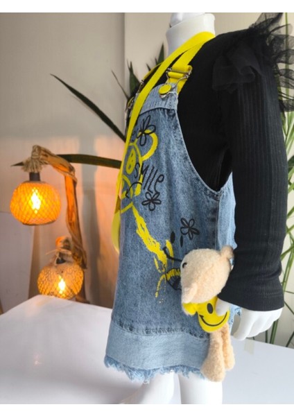 Kız Çocuk Kotlu Salopet Çantalı Oyuncaklı Takım Özel Tasarım (Oyuncaklı Kot Elbise+Bluz+Çanta) fırsatları