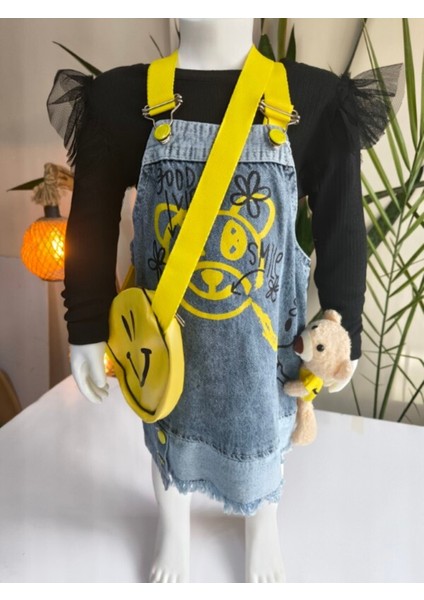 Kız Çocuk Kotlu Salopet Çantalı Oyuncaklı Takım Özel Tasarım (Oyuncaklı Kot Elbise+Bluz+Çanta)