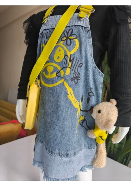 Kız Çocuk Kotlu Salopet Çantalı Oyuncaklı Takım Özel Tasarım (Oyuncaklı Kot Elbise+Bluz+Çanta)