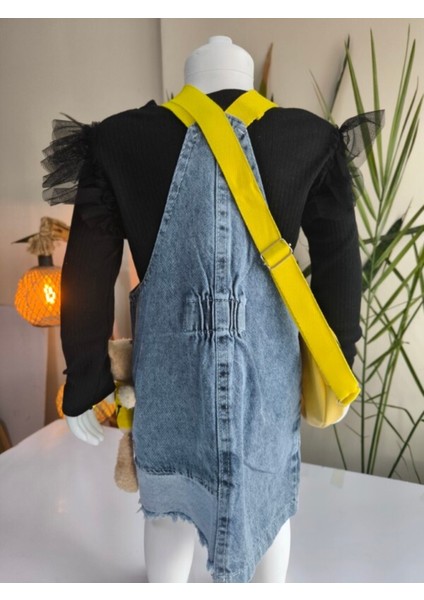 Kız Çocuk Kotlu Salopet Çantalı Oyuncaklı Takım Özel Tasarım (Oyuncaklı Kot Elbise+Bluz+Çanta)