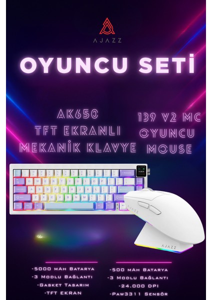 AK650 Tft Ekranlı 3 Modlu Oyuncu Klavyesi + 139 V2 Mc Profesyonel Oyuncu Mouse Seti