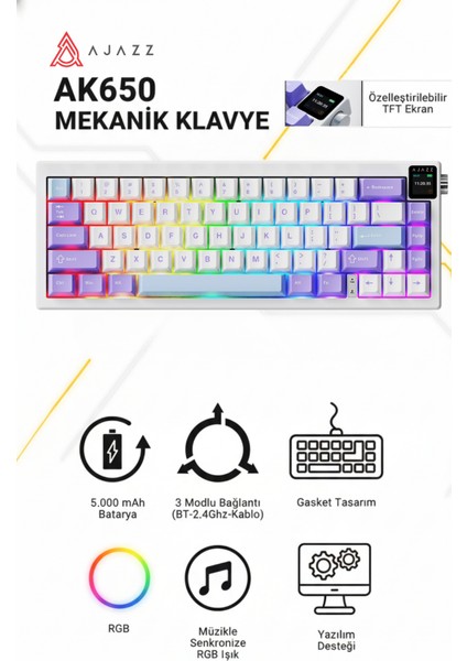 AK650 Tft Ekranlı 3 Modlu Oyuncu Klavyesi + 139 V2 Mc Profesyonel Oyuncu Mouse Seti