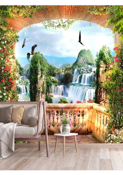 Şelale Manzaralı Balkon Desenli Tekstil Duvar Kağıdı