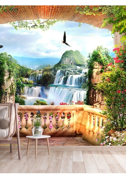 Şelale Manzaralı Balkon Desenli Tekstil Duvar Kağıdı fiyatları