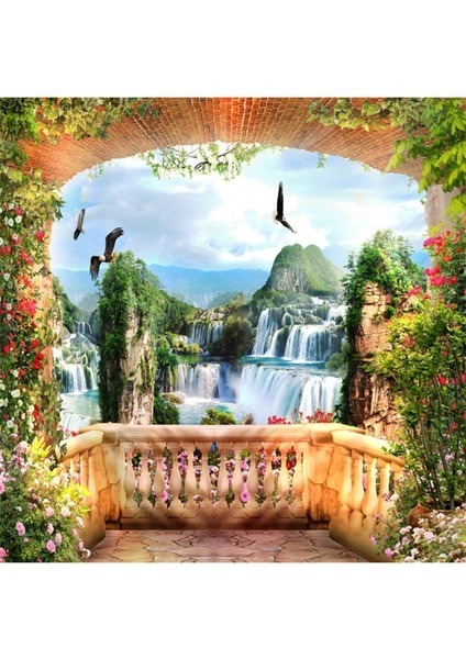 Şelale Manzaralı Balkon Desenli Tekstil Duvar Kağıdı modelleri
