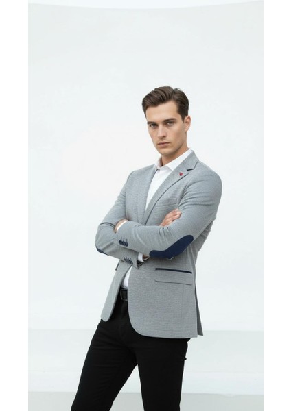 Gri Erkek Italyan Kesim Blazer Ceket – Lacivert Detaylı, Kol Yamali, Slim Fit Şık Tasarım