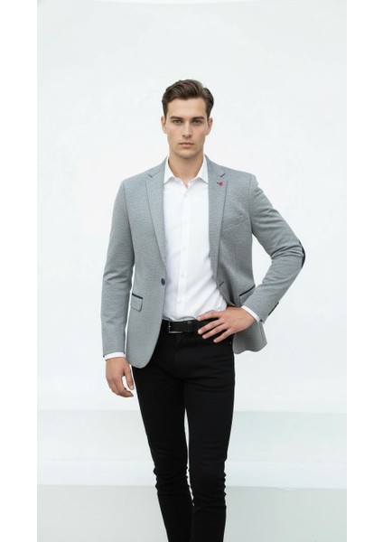 Gri Erkek Italyan Kesim Blazer Ceket – Lacivert Detaylı, Kol Yamali, Slim Fit Şık Tasarım modelleri