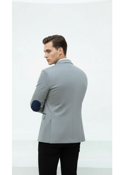 Gri Erkek Italyan Kesim Blazer Ceket – Lacivert Detaylı, Kol Yamali, Slim Fit Şık Tasarım fırsatları