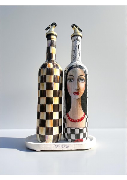 750 ml El Yapım Siyah Beyaz ve Dama Desenli 2’li Cam Yağdanlık Seti – Gold Başlıklı Dekoratif Tarz