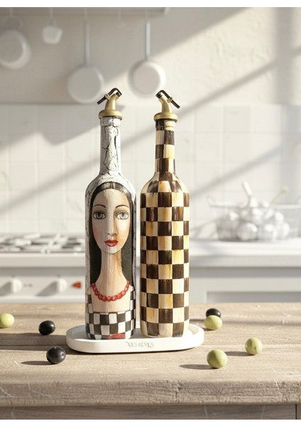 750 ml El Yapım Siyah Beyaz ve Dama Desenli 2’li Cam Yağdanlık Seti – Gold Başlıklı Dekoratif Tarz fiyatları