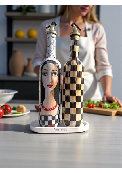 750 ml El Yapım Siyah Beyaz ve Dama Desenli 2’li Cam Yağdanlık Seti – Gold Başlıklı Dekoratif Tarz modelleri