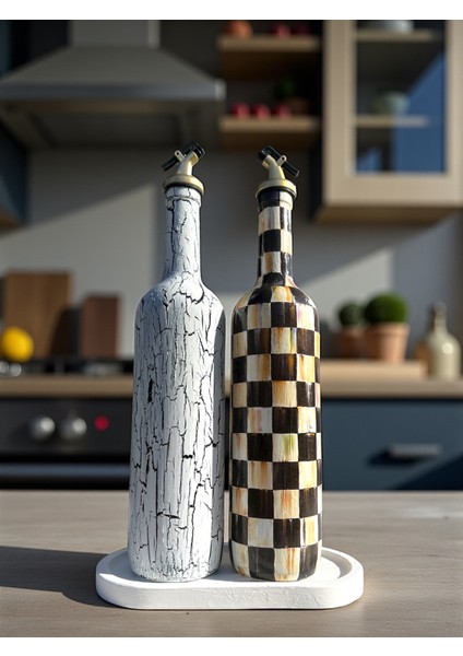 750 ml El Yapım Siyah Beyaz ve Dama Desenli 2’li Cam Yağdanlık Seti – Gold Başlıklı Dekoratif Tarz indirimleri