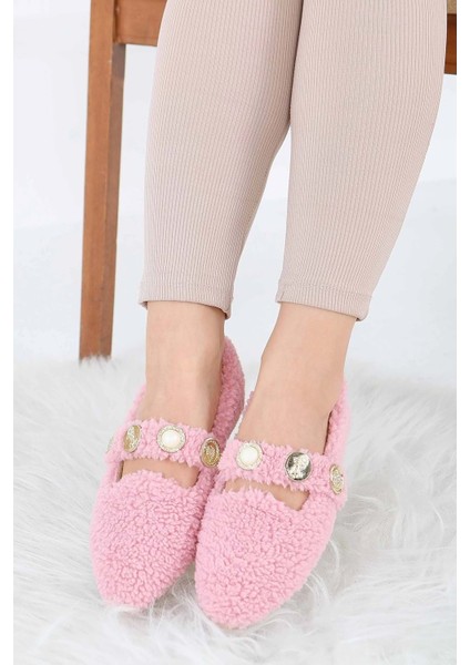 Kadın Inci ve Tuğra Detaylı Peluş Babet - Pembe - 39 modelleri