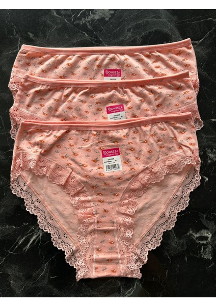 Pastel Turuncu Renk Çiçek Desenli Dantelli Xl Beden Kadın Külot 3 Lü Paket
