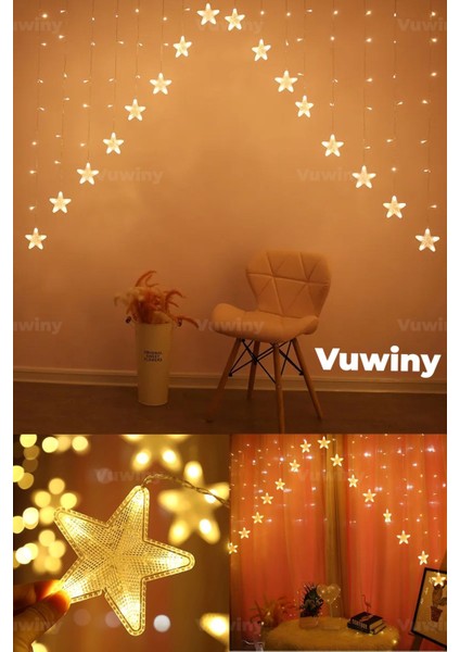 16 Yıldızlı LED Işıklı 8 Modlu Gün Işığı Dekoratif Saçaklı Yıldızlı Perde LED