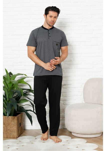 Erkek %100 Pamuklu Pijama Takımı-3 Düğmeli-Yaka Cepli 12384