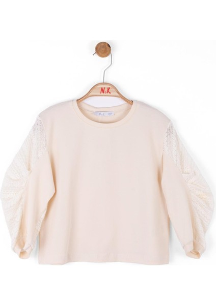 Kız Çocuk Kol Triko Detay Bisiklet Yaka Body 36360 Krem
