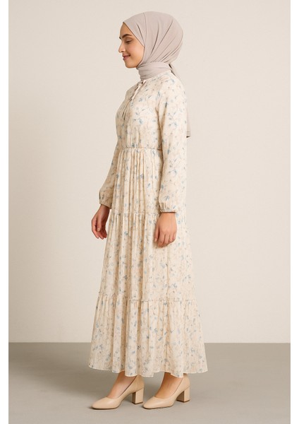 Tesettür Krem Desen Küçük Çiçekli Elbise indirimleri