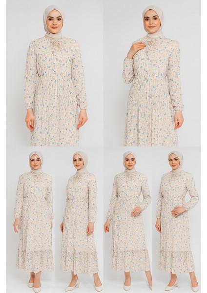 Tesettür Krem Desen Küçük Çiçekli Elbise