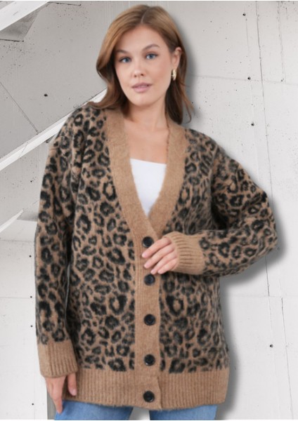 Kadın Leopar Desenli Standart Beden V Yaka Yumoş Hırka indirimleri